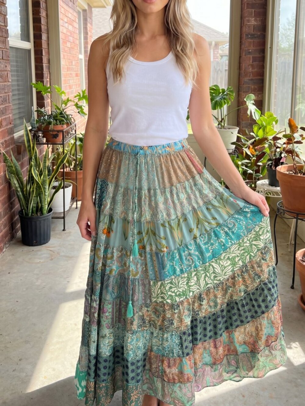 Karma Highway One Size Patchwork Boho Maxi Skirt in Green & Teal